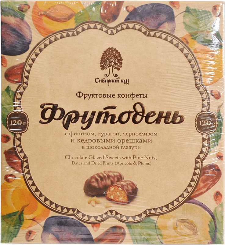 Конфеты Фрутодень с кедровыми орешками в шоколадной глазури Сибирский Кедр 120г